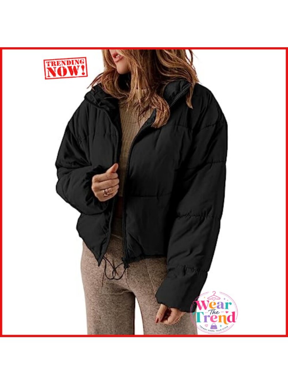 Quilted Puffer Jacket Long Sleeve Full Zip Loose Fit Winter Coat